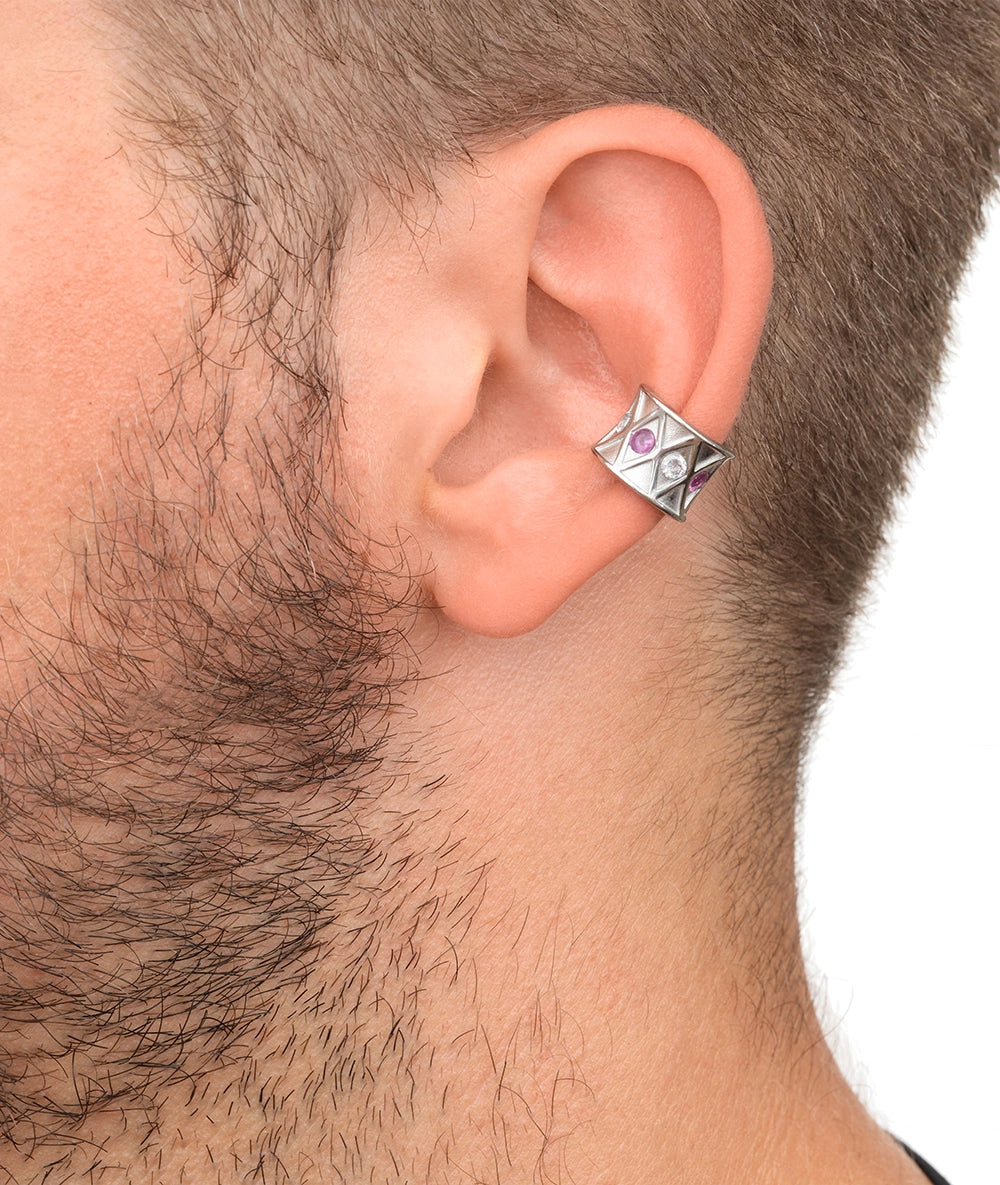 Ear cuff argenté et zircons roses et blancs  KURO L POP S